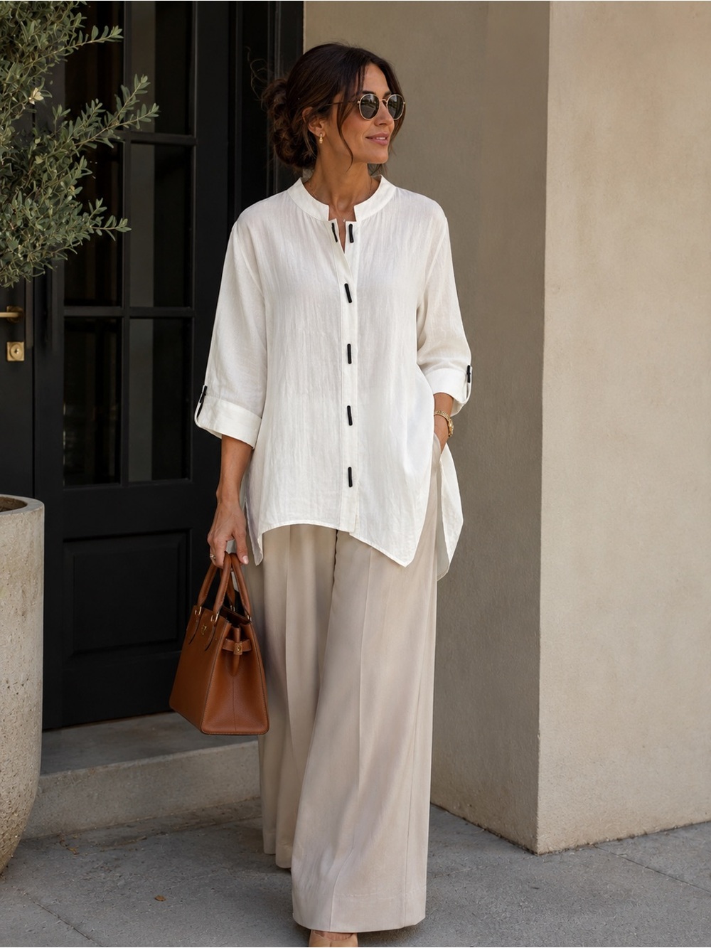 Chico's Asymmetrical Cream Button-Front Tunic with Black Accents